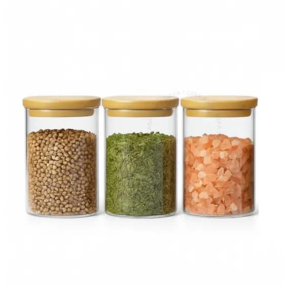 Kit 3 potes de vidro com tampa de bambu herméticos para mantimentos empilháveis 300ml