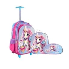 Kit Mochila Rodinha Lancheira Estojo Unicórnio 3D Infantil