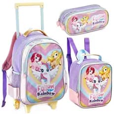 Kit Mochila Rodinha Escolar Unicórnio Infantil Lancheira e Estojo