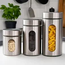 Jogo Pote Hermético Vidro e Inox com Visor 3pçs Mimo Style para Organizar Cozinha (630ml, 1L e 1,3L)