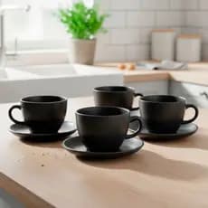 Conjunto de Xícaras com Pires 210ml Mimo Style Preto Fosco 4pçs para Café e Chá
