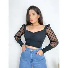 Cropped Manga Longa Bufante Tule Poa Com Bojo Bolinhas Elegante Preto Branco Confortável Promoção