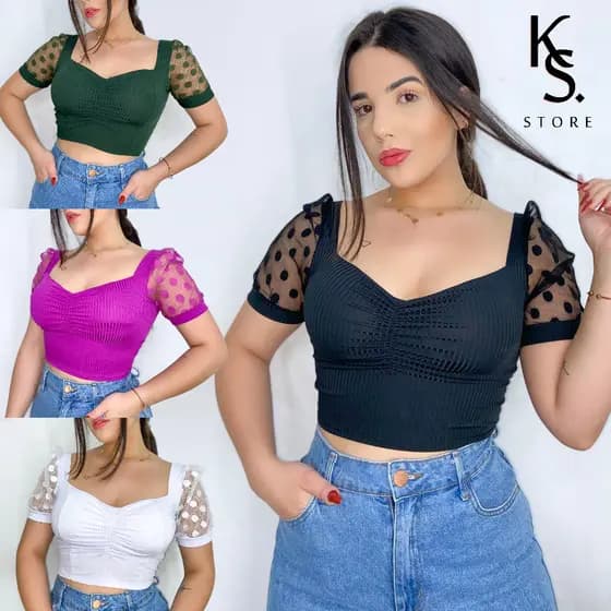 Cropped Feminino Manga Curta Bufante Canelado Tule Poá Com Bojo Removível Adulto Blusa Feminina Moda Blogueira Decotado  Confortável Promoção Cropped Feminino Com Bojo Elegante