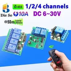 Interruptor de controle remoto RF 433MHz, DC 10A 6V 12V 24V 30V, módulo de relé de 1/2/4 canais para LED/motor
