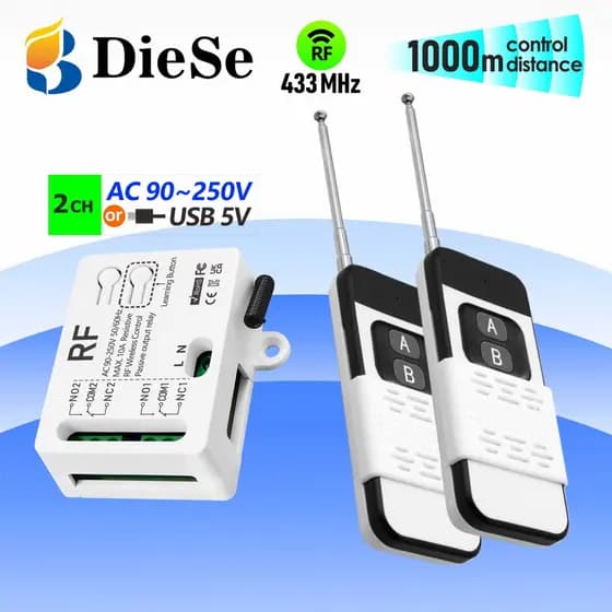 Interruptor de controle remoto sem fio RF 433MHz de 2 canais,relé CA 110V 220V 240V 10A para motor,luz,ventilador,LED