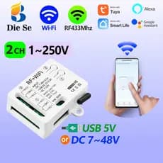 Interruptor inteligente sem fio WiFi Tuya de 2 canais,relé CC 12V 24V 48V,compatível com Alexa e Google Home