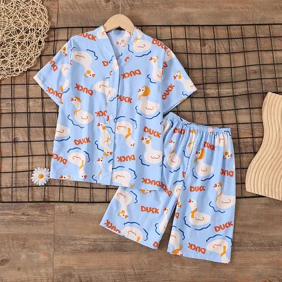 Verão meninos pijamas finos conjunto de algodão seda Homewear bebê manga curta algodão seda terno