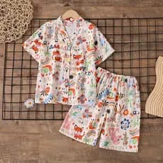 Conjunto de pijamas finos para meninos, algodão, seda, roupa de casa, bebê, manga curta, algodão, seda