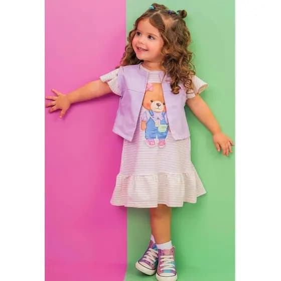 Vestido em Cotton Trabalhado e Colete em Sarja com Elastano Kukiê