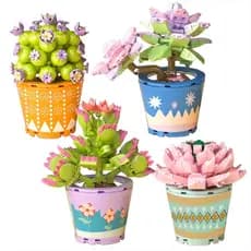 Kit Bloquinhos Botânicos Plantas Colecionáveis Mini Jardim Criativo Peças Coloridas Vasos Temáticos