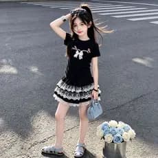 Conjunto para Meninas: Top de Manga Curta com Laço Doce e Fofo e Saia em Camadas com Acabamento de Renda