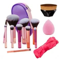 10 Pinceis de Maquiagem Com TRavelBag 1 Pincel Kabuki Magico 1 Esponja para Base e 1 Faixa de Cabelo Make Up