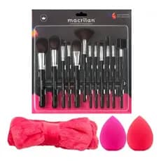 Kit 12 Pinceis Maquiagem Profissional Macrilan + 2 Esponjas de Maquia e 1 Tiara make up