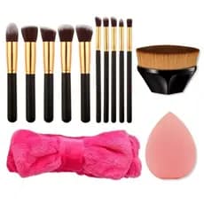 Kit 11 Pinceis Kabuki e Acessolrios - 10 Pinceis de Maquiagem 1 Pincel Magico Blogueira 1 Esponja de Base 1 Faxia MakeUp