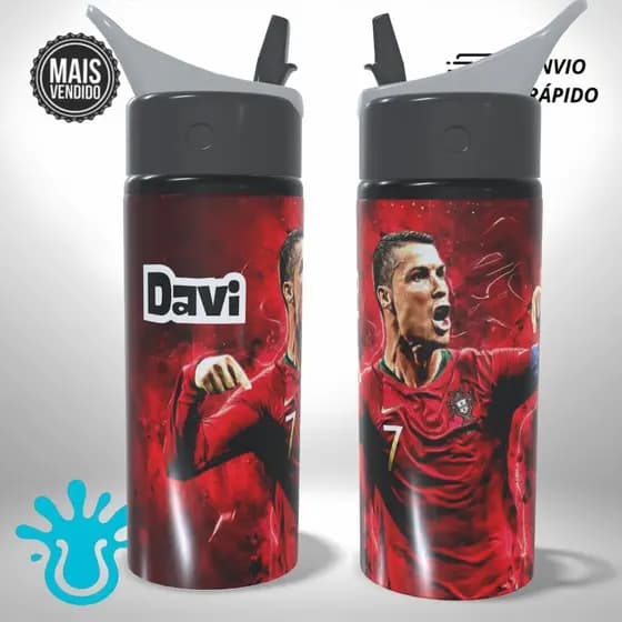 Garrafa Alumínio Infantil Personalizada CR7 Cristiano Ronaldo  Escolar - Presente