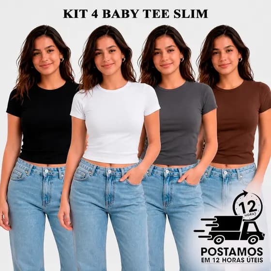 Kit 4 Blusa Slim Fit Feminina Baby Tee Manga Curta Suplex Academia
