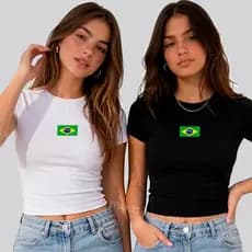 Blusa Brasil Slim Fit Feminina Baby Tee Copa do Mundo Manga Curta Compressão