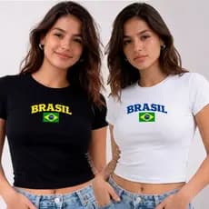 Blusa Brasil Slim Fit Feminina Baby Tee Manga Curta Compressão Copa do Mundo