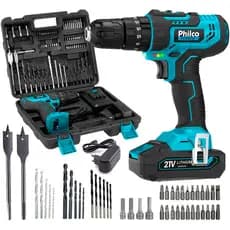 Parafusadeira Furadeira Impacto Profissional 21V 3/8 10mm Philco PPF21MF Com Maleta e 74 Acessórios