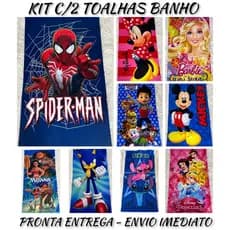 Kit com 2 Toalhas de Banho Estampadas Variadas Personagem Infantil Menino e Menina 0,70cm x 1,40cm