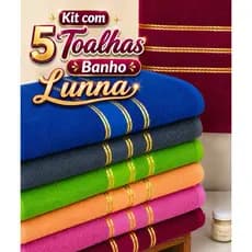 Kit com 5 Toalhas de Banho Lunna Unissex 100% Algodão Alta Absorção Macia 65x130cm Cores Sortidas