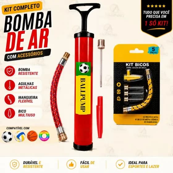 Bomba de ar Manual c/ Acessórios para Encher Bolas Futebol Basquete Vôlei e Brinquedos Infláveis