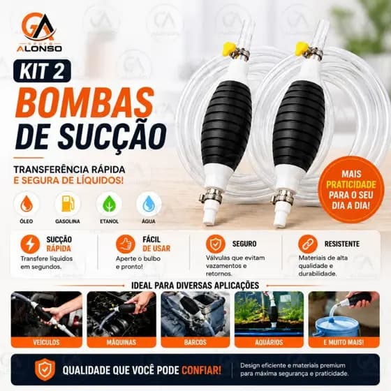Kit 2 Bombas Sucção Manual c/ Mangueira 1,5m + Abraçadeiras Transferência Óleo Etanol Gasolina Água
