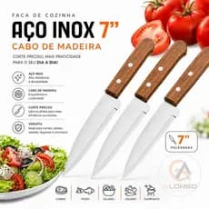 Kit 3 Peças Faca 7" Polegadas com Cabo de Madeira em Aço Inox Linha Profissional