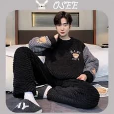 [Osee] Pijama dos homens Coral Fleece Outono e Inverno Fleece-forrado Espessamento dos homens Inverno Térmica Flanela