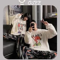 [OSEE] Conjunto de Pijamas de Inverno em Flanela com Bordado de Desenho Animado, Gola Redonda, Quente, para Casais, para