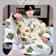 [OSEE] Pijamas Masculinos Outono Inverno Conjunto de Fleece de Coral Espesso Roupas de Casa Quentes Manga Longa Primaver