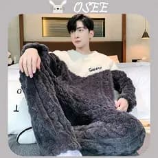 [Osee] Pijamas Masculinos de Inverno em Coral Fleece, Forrado com Fleece Grosso, Conjunto de Loungewear Quente, Pulôver