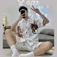 [OSEE] Pijamas de Verão Masculinos Manga Curta Shorts Desenho Animado Jovem Casual Fino Roupas Externas de Verão Conjunt