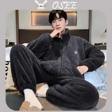 Pijamas Masculinos Para Outono E Inverno , Conjunto Masculino plus size Espesso De Lã coral Com Gola Alta Zíper , Adequa