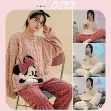 [OSEE] Pijama Feminino de Fleece Coral para Outono e Inverno, Espesso e Forrado com Fleece, Roupas de Casa de Flanela Fo