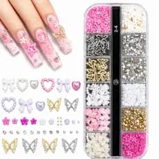 Decoração para Unhas 3D Kit 12 Grades com Strass Pérolas Borboleta Flores