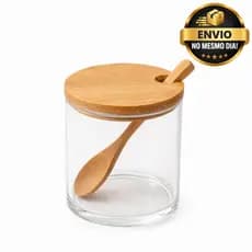 Porta Condimentos Hermético Vidro Tampa Bambu Colher 250ml Temperos Açúcar Sal Café