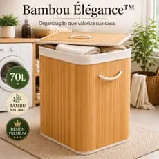 Cesto Organizador de Roupas 70L Bambu com Tampa e Alças Dobrável Lavanderia Premium