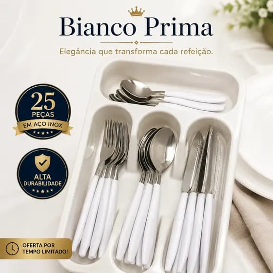 Kit Talheres Inox 25 Peças Faqueiro Completo Cabo Branco Bianco Prima