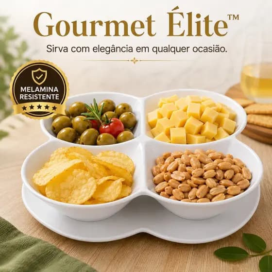 Petisqueira 4 Divisórias Melamina Gourmet Élite Bandeja para Petiscos Molhos Queijos Doces Branca