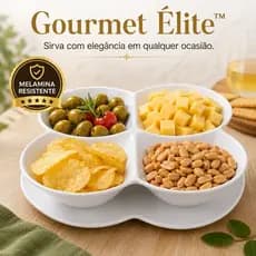 Petisqueira 4 Divisórias Melamina Gourmet Élite Bandeja para Petiscos Molhos Queijos Doces Branca
