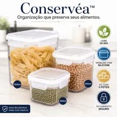Kit 3 Potes Herméticos para Alimentos com Vedação de Silicone Livre BPA 300ml 600ml 1500ml Conservéa™
