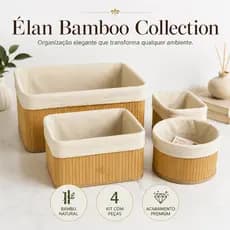 Kit 4 Cestos Organizadores em Bambu Natural Multiuso com Forro de Tecido para Banheiro Cozinha Closet