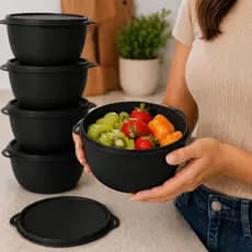 Kit 10 Potes Bowl 1000ml Plástico com Tampa Marmita Cozinha, Freezer, Micro-ondas e Lava-Louças.