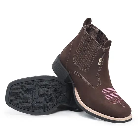 Bota Botina texana feminina F1000. Bordado Rosa Pink /Couro Legitimo Confortável e resistente