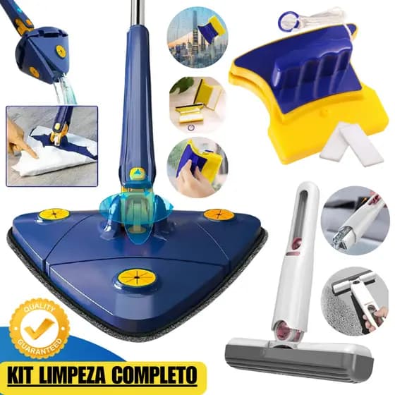 MOP Limpeza Esfregão Triangular Banheiro + Limpa Vidros Magnético Imã + MOP Portátil Rodo Mágico KIT