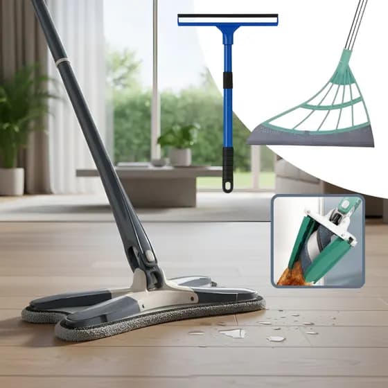 Esfregão Mop Limpeza Chão Teto + Rodo Silicone Vassoura Mágica + Limpador Vidros Janelas
