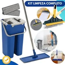 MOP Limpeza Esfregão Rodo Flat com Balde Lava Seca Profissional + Escova Vassoura Rodo Banheiro Box