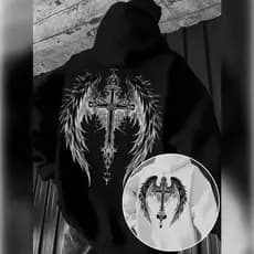 Moletom Canguru Unissex Estampado Desenhos Asas Cruz Estilo Punk Gótico Grande Costas