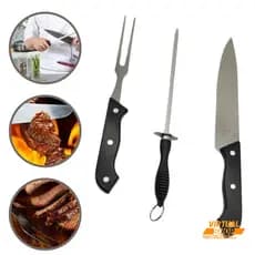 Kit Churrasco Aço Inox Garfo Faca Chaira 3pçs